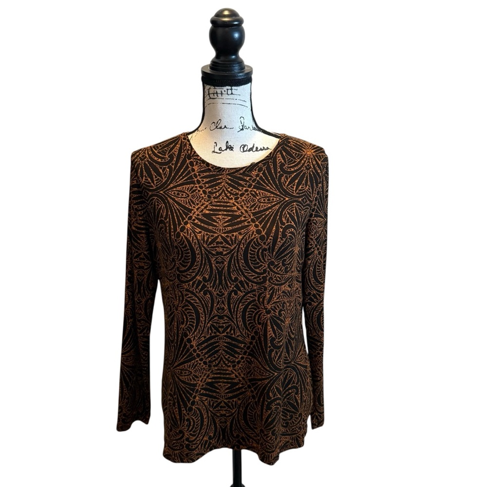 Chico’s Floral Stretch Blouse Layer top Brown Black Size Medium 1 NWOT